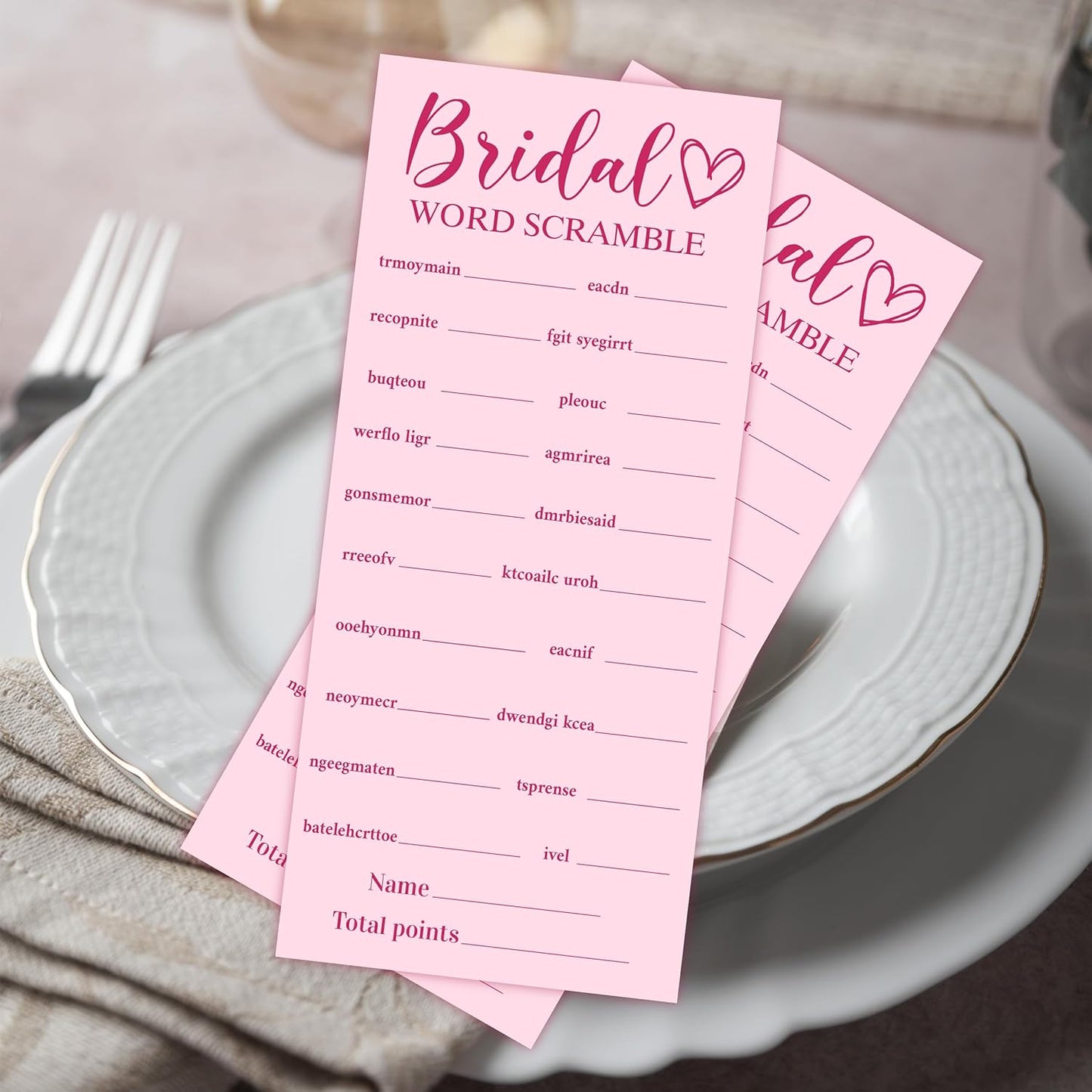 Pink Wedding Shower Games Cards, Bridal Word Scramble, 25 Game Cards with 1 Answer Card, 4x9, Bride Wedding Receptio Supplies, Engagement Party Supplies-A06