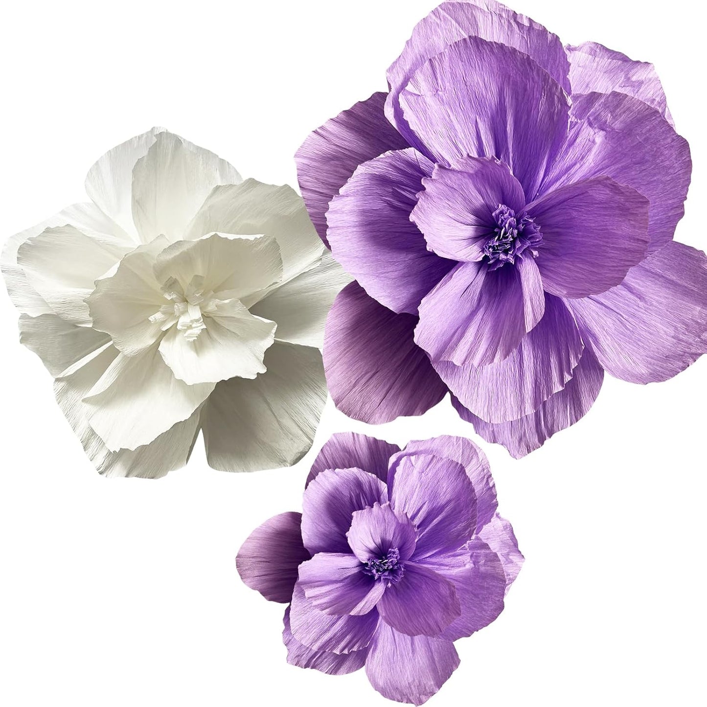 BRT Bearingshui Crepe Paper Flowers Decoration for Wall Total 9 Pcs, Artificial Flowers for Wedding Decor,Flower Backdrop Decor, Baby Bridal Shower Birthday Party, Purple White 3D Wall Flowers Decor