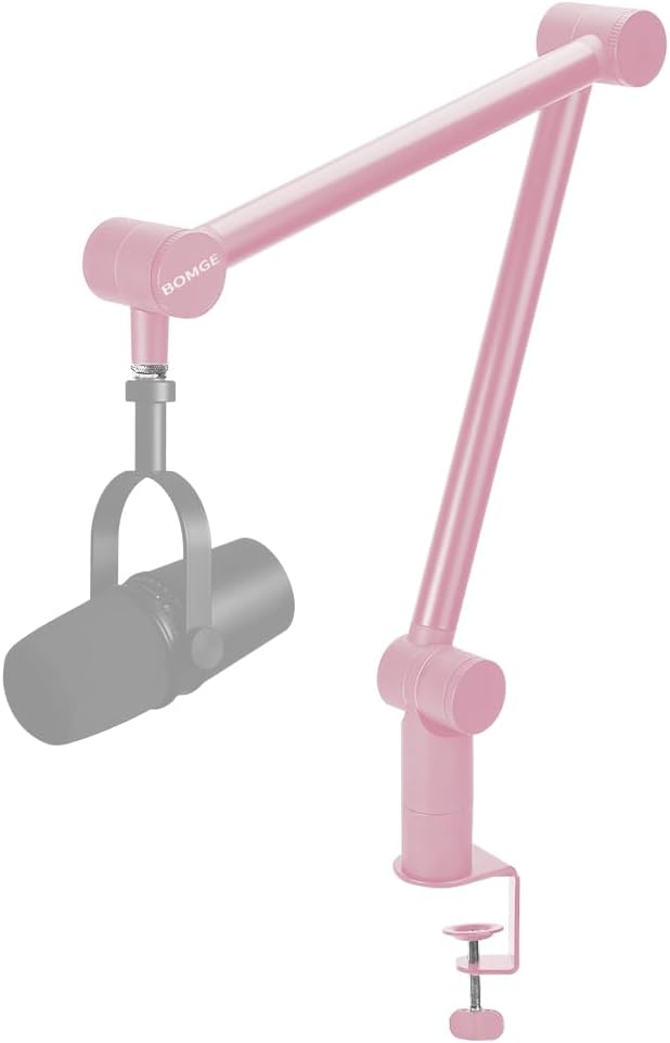 BOMGE Boom Arm Mic Stand - Adjustable Heavy Duty Suspension Boom Scissor Arm Stand with Cable Management Channels, Desk Clamp for Podcasts, Streaming, Gaming, Home Office, Recording (Pink)