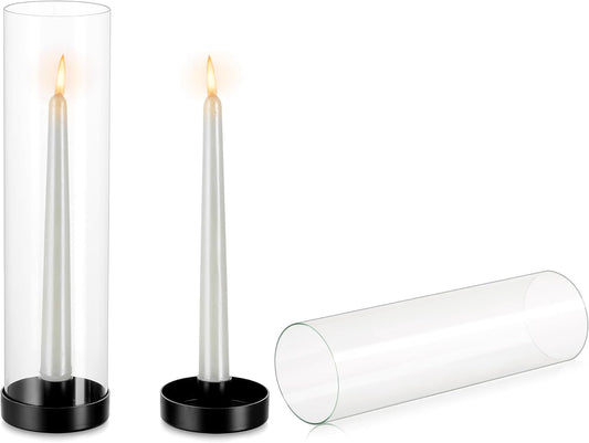 NUPTIO Hurricane Glass Candle Holders: 2 Pcs Black Candlestick Tapers Holder with 11.81 inch Tall Clear Cylinder Cover Metal Candle Sticks Stand for Wedding Christmas Thanksgiving Halloween Decor