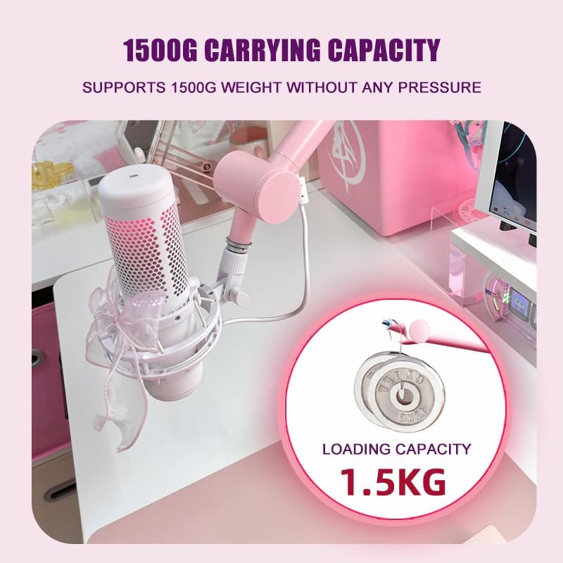 BOMGE Boom Arm Mic Stand - Adjustable Heavy Duty Suspension Boom Scissor Arm Stand with Cable Management Channels, Desk Clamp for Podcasts, Streaming, Gaming, Home Office, Recording (Pink)