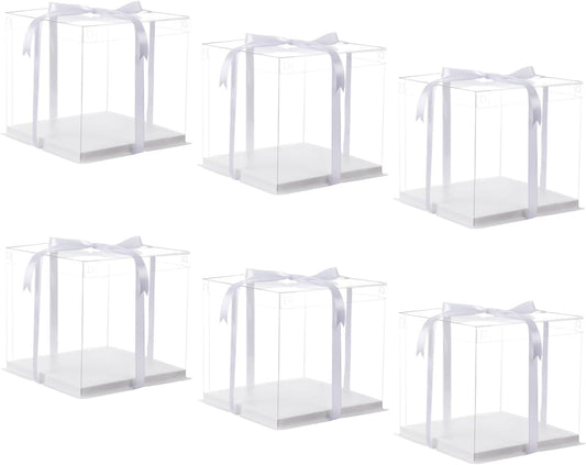 XININSUN 10 inch Clear cake Box, Large Transparent cake Box,tall cake boxes with Ribbon,10x10x9inch - Suitable for packing 8" or 10" cakes,Clear Gift Display Box for Carry Tall Layer Gift-6Pcs-White