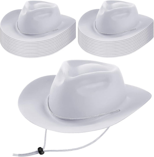 Mepase 24 Pieces Disposable Plastic Western Cowboy Hat Set Felt Wide Brimmed Cowgirl Hats for Men Women Costume Party(White)