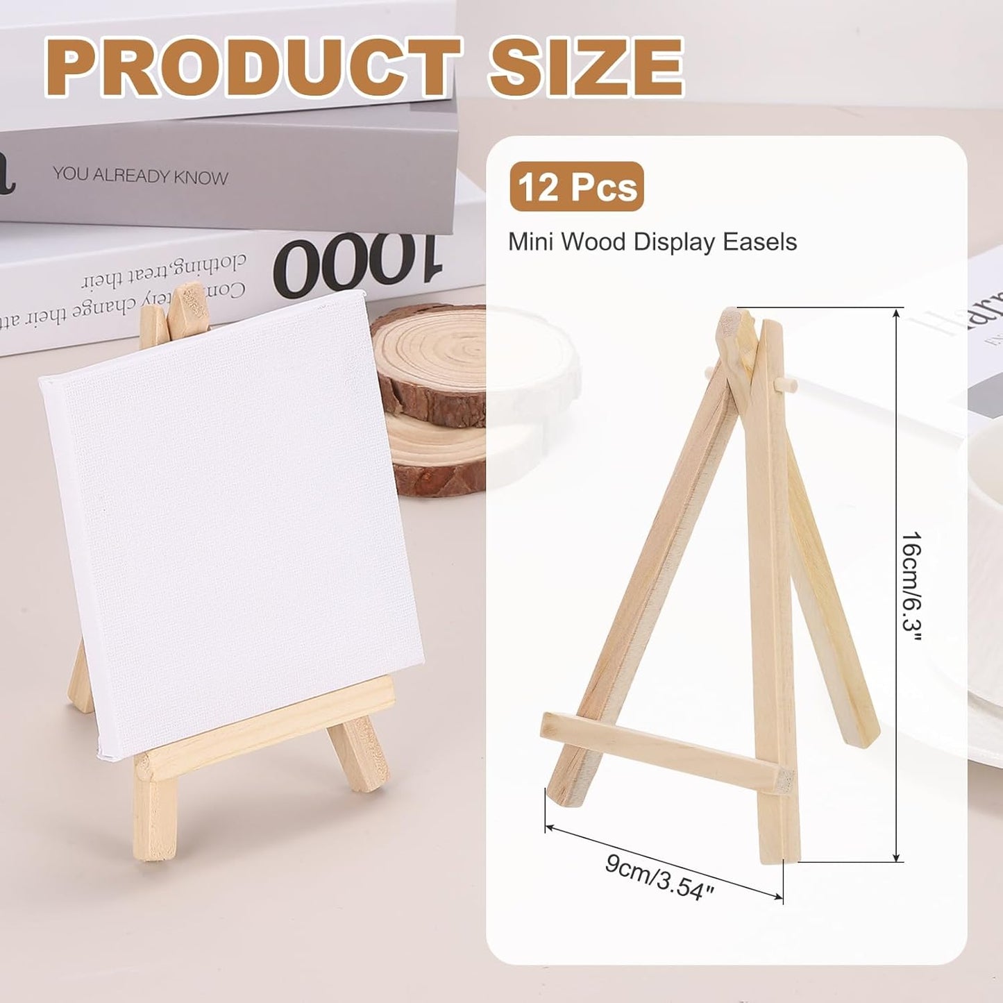 MECCANIXITY Mini Wood Display Easels, 6.3"x3.5"A-Frame Painting Tabletop Easels Holder Stand for Artists Beginners Displaying Small Canvases Art Photos Business Cards(Pack of 12, Wood Color)