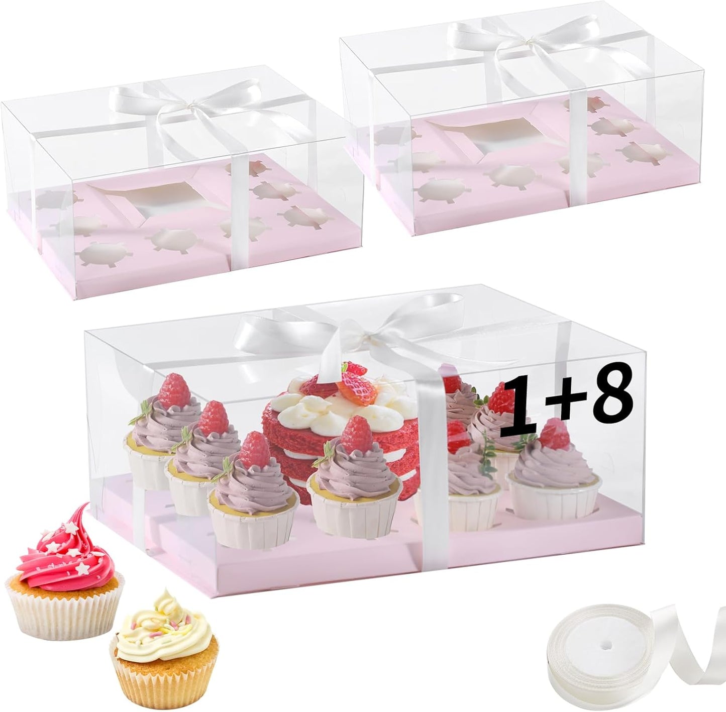 JCD 3 Pcs Pink Cake and Cupcake Combo Bento Boxes with Clear Lid Fit 8 Cupcake and 1 Mini Cake for Valentine Wedding Birthday Party Bakery Supplies(Pink 1+8/3Pcs)