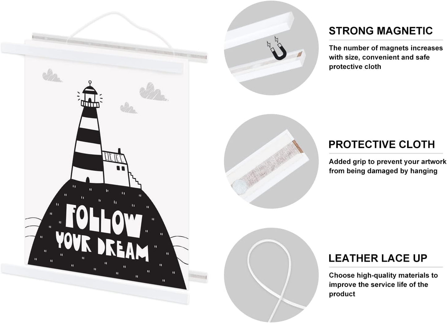 8x10 8x12 8x18 Poster Frame, Magnetic Light Wood Wooden Frame Hanger for Photo Picutre Canvas Artwork Art Print Wall Hanging (1 Pack, 8", White)