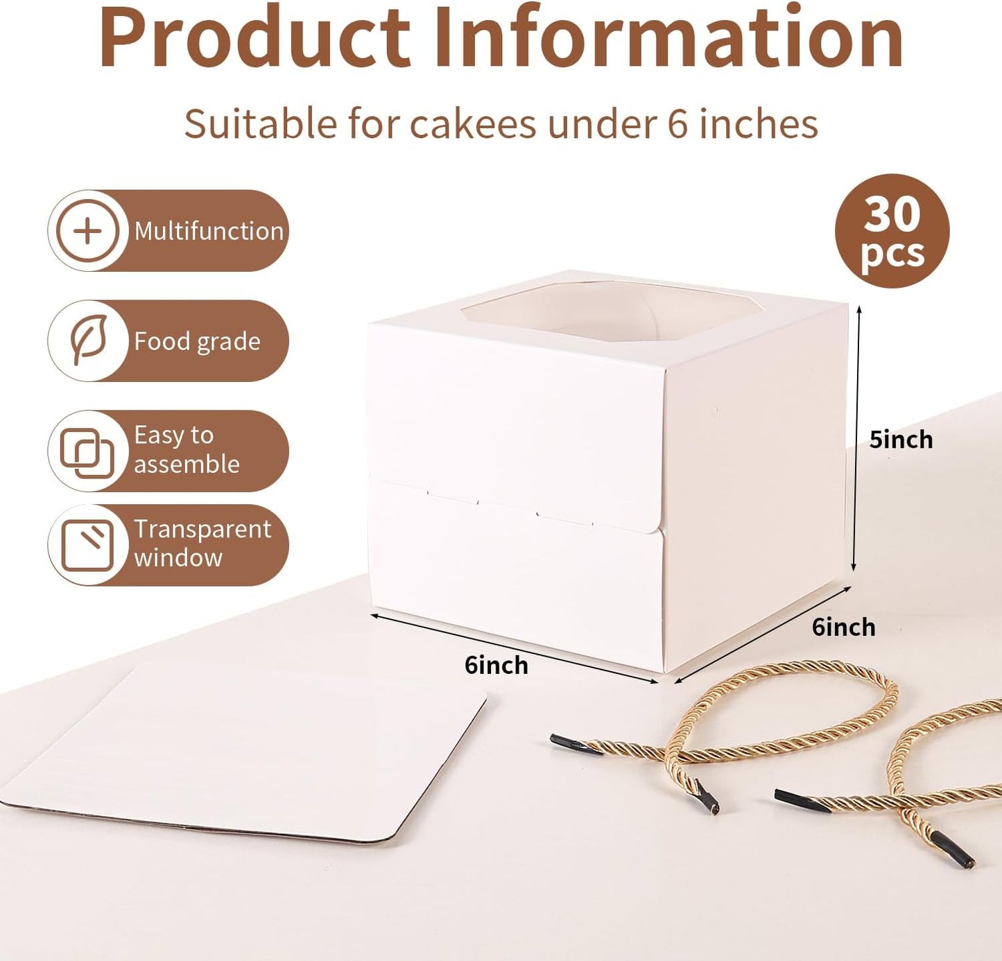 10 pcs 6x6x5 Inch Small Cake Box with Window, 6 inch cake box,Bakery Pastry Cookie Boxes,disposable cake containers, Mini Pie for Pastry,Dessert,Strawberries,Chocolates, Cupcakes