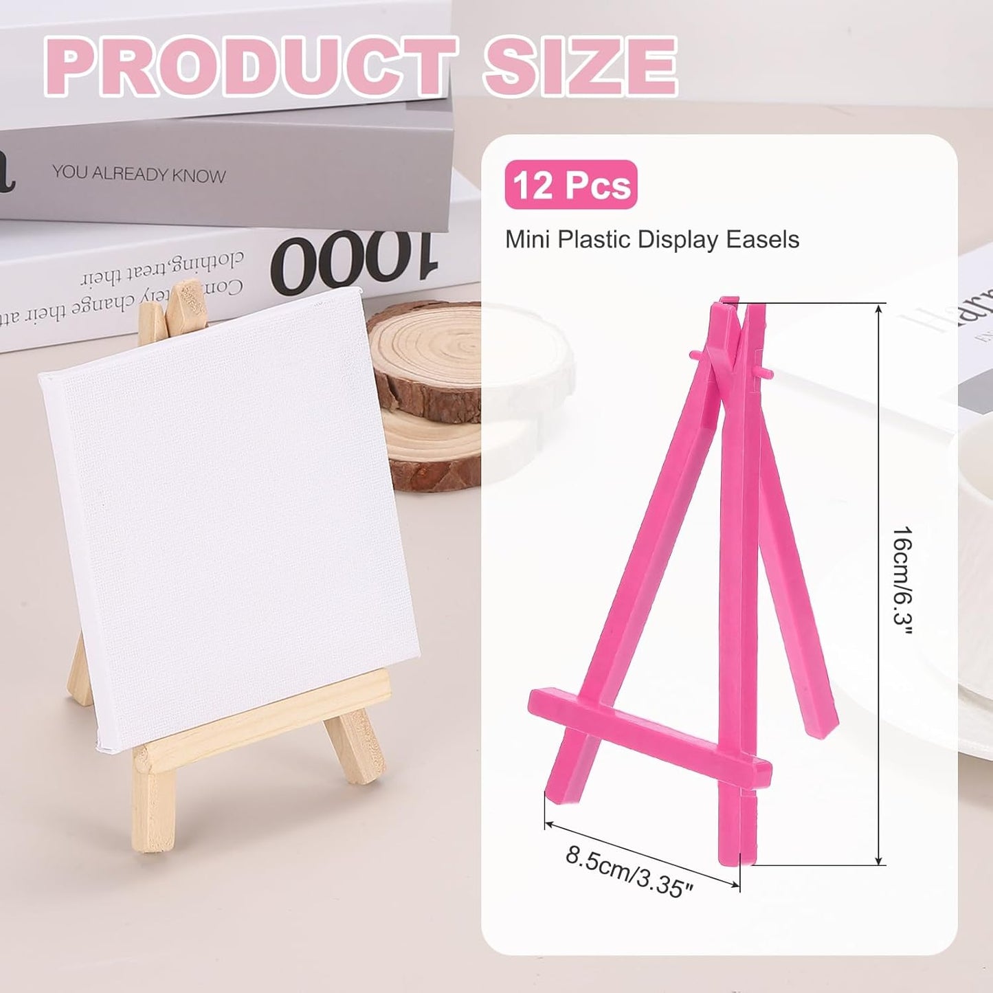 MECCANIXITY Mini Plastic Display Easels, 6.3"x3.4"A-Frame Plastic Painting Tabletop Easels Holder Stand for Photos Cards Artists Beginners Displaying Small Canvases Art(Pack of 12, Rose Red)