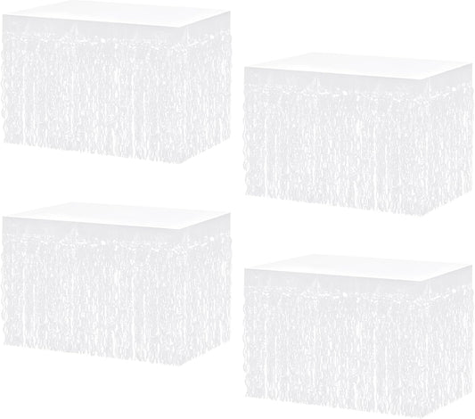 4P Wavy Metallic Tinsel Foil Fringe Table Skirts for Rectangle Tables Backdrop Garland Curtains for Parade Floats Wedding Birthday Parties Decoration Graduation 2025 Christmas (Makaron White)