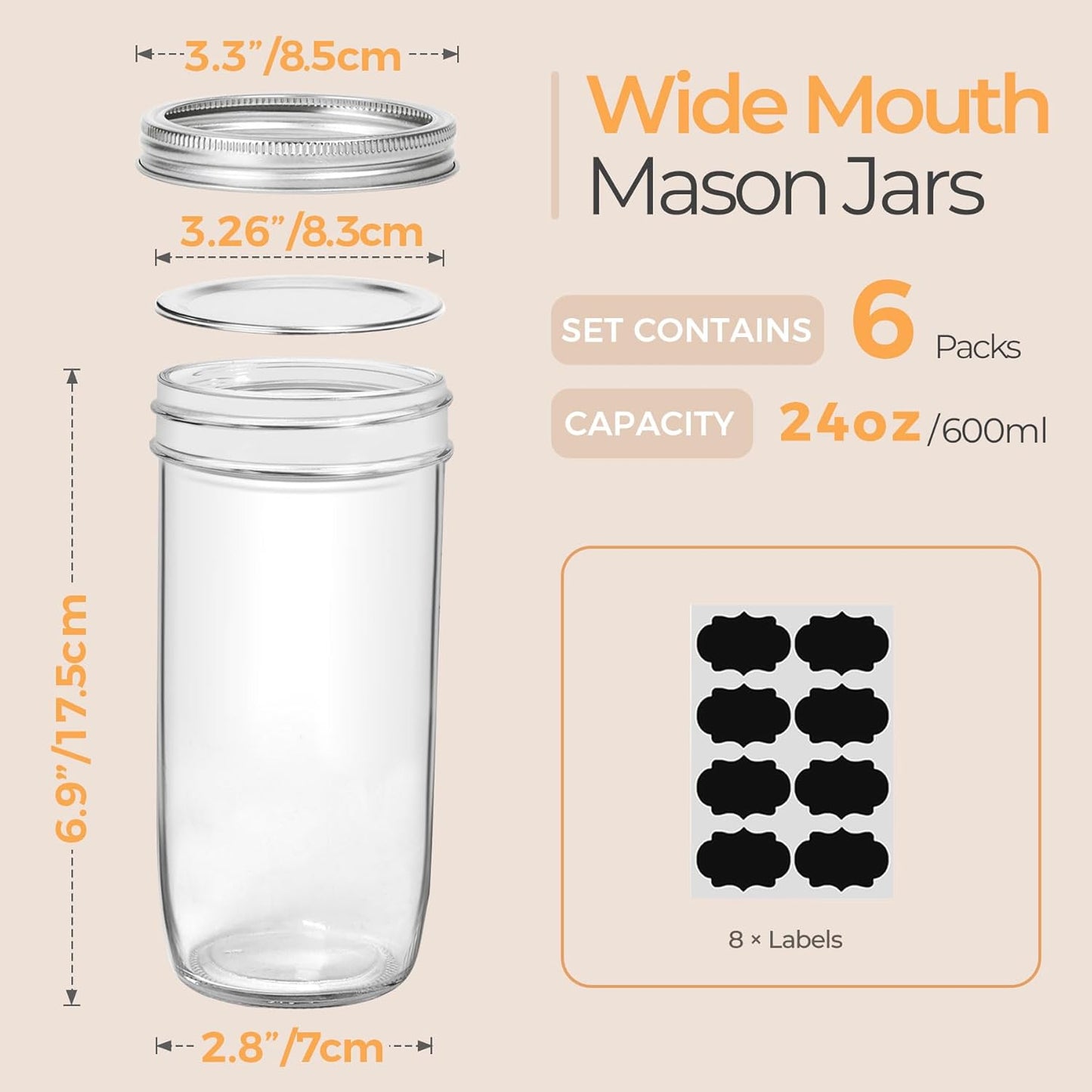 ComSaf 24 oz Mason Jars Wide Mouth 6 Pcs, Large Canning Jars with Seal Bands, 24 oz Glass jar with Lid for Jam, Sauce, Juice, Coffee, Pickling, Fruit, Dessert, Kitchen Storage, Vanilla Extract