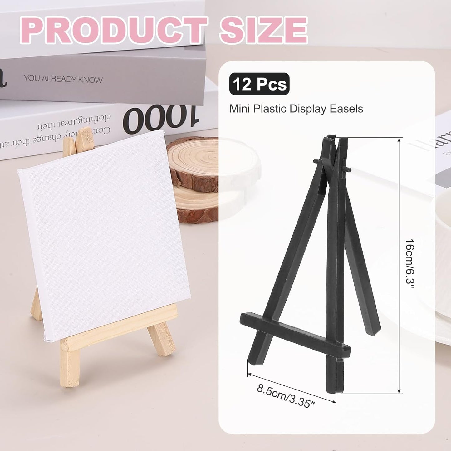 MECCANIXITY Mini Plastic Display Easels, 6.3"x3.4"A-Frame Plastic Painting Tabletop Easels Holder Stand for Photos Cards Artists Beginners Displaying Small Canvases Art(Pack of 12, Black)