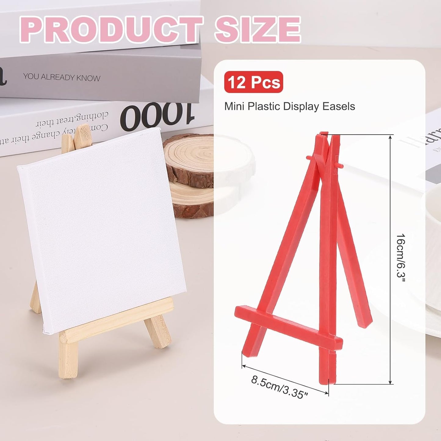 MECCANIXITY Mini Plastic Display Easels, 6.3"x3.4"A-Frame Plastic Painting Tabletop Easels Holder Stand for Photos Cards Artists Beginners Displaying Small Canvases Art(Pack of 12, Red)