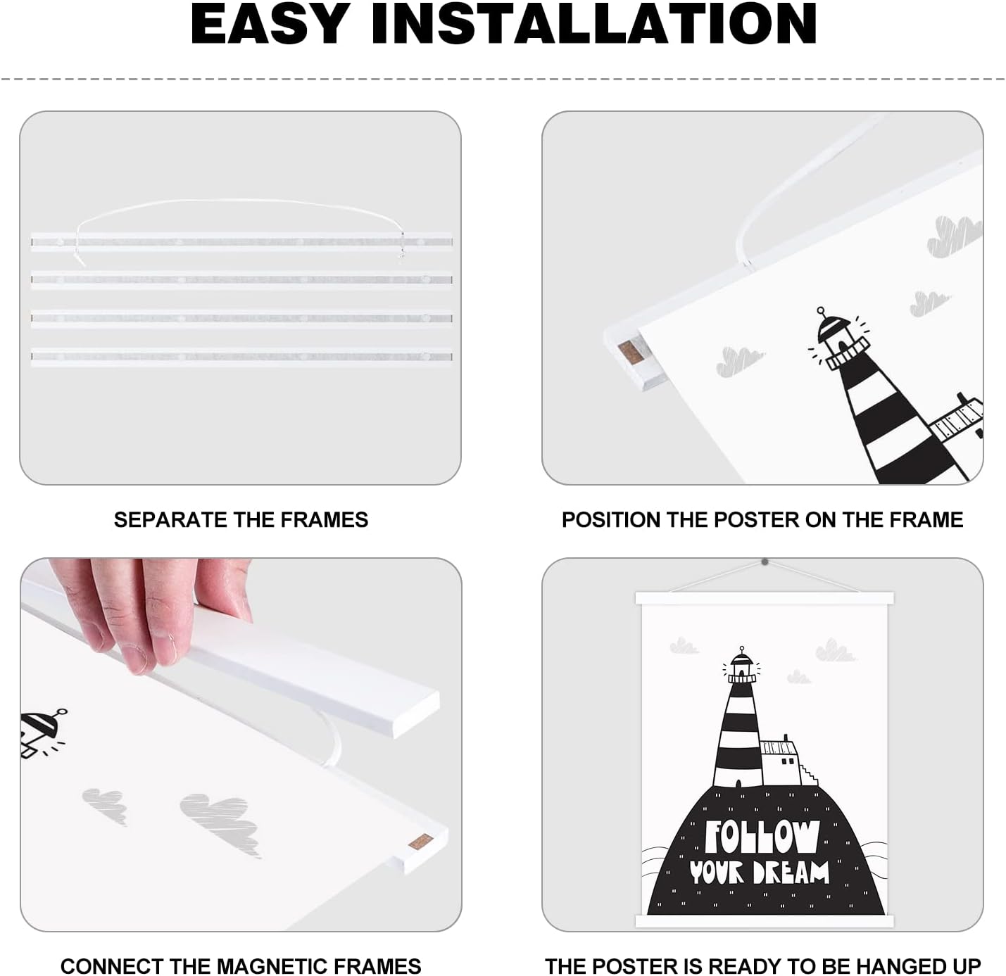 8x10 8x12 8x18 Poster Frame, Magnetic Light Wood Wooden Frame Hanger for Photo Picutre Canvas Artwork Art Print Wall Hanging (1 Pack, 8", White)