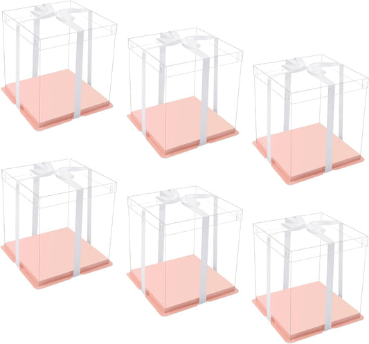 XININSUN pink clear cake box with ribbon,12x12x10inch tall cake boxes for tiered cake, transparent cake carrier, cake containers clear gift box for wedding, birthday, party(6pcs)