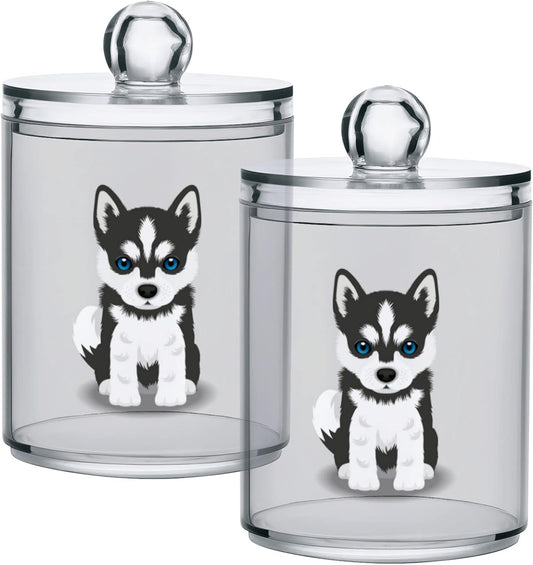 2 Pack Qtip Dispenser Apothecary Jars Dog Bathroom Organizer, Siberian Husky Puppy Qtip Holder Storage Canister Plastic Acrylic Jar for Cotton Ball/Swab/Rounds