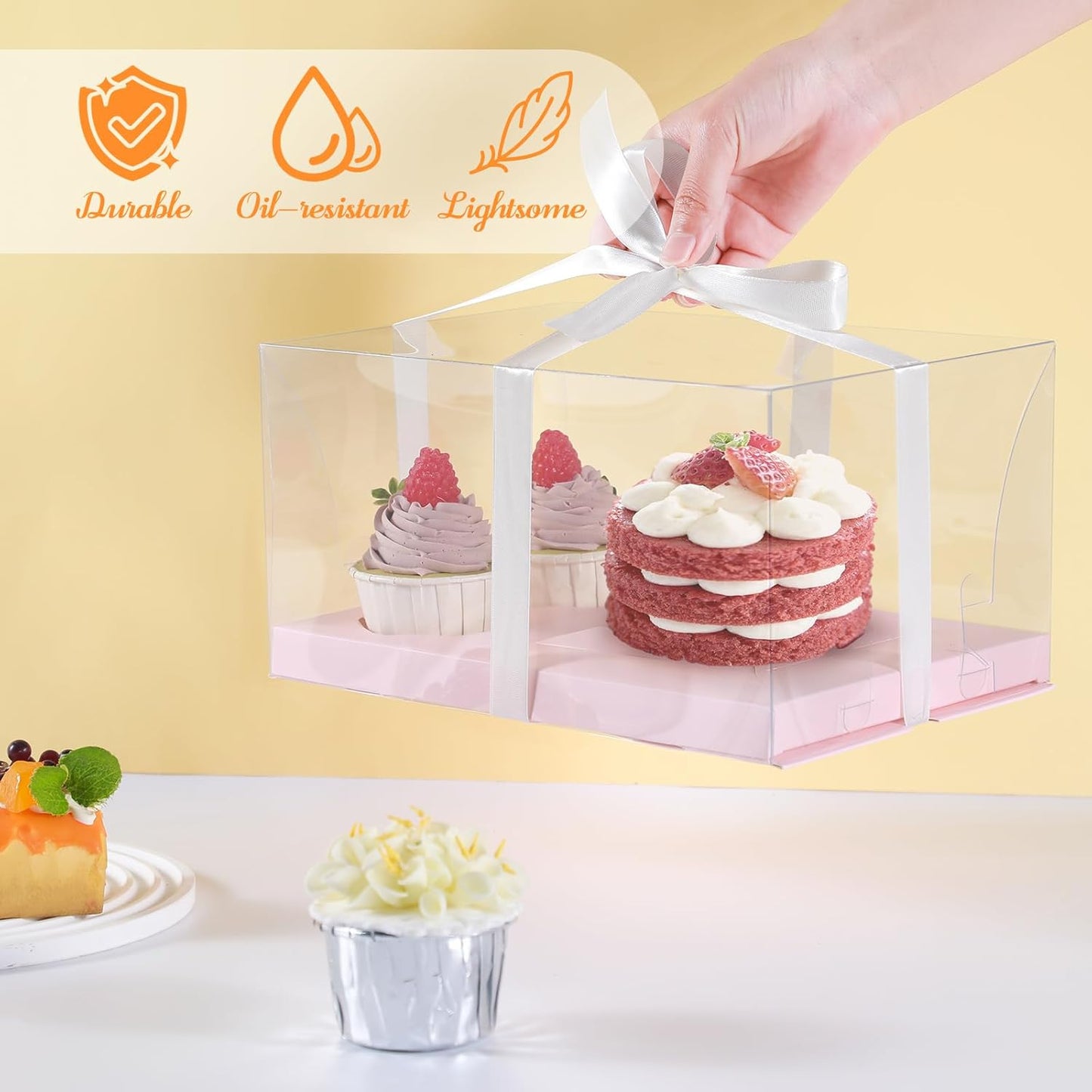 3Pcs Pink Bento Cake Cupcake Combo Boxes Valentine's Day 1+2 Bento Box with Clear Lid 2 Holes Pastry Sweets Cake Cupcake Combo Box Baking Supplies for Valentine Wedding Birthday Party(Pink 1+2/3Pcs)