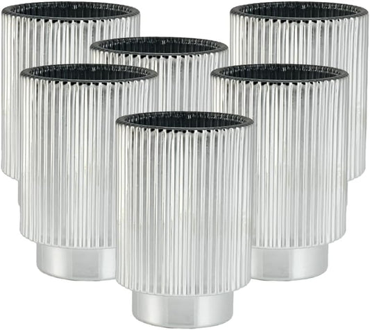 Serene Spaces Living Silver Ribbed Pedestal Glass Votive Holder, Table Centerpiece, Home, Office, Wedding, Birthday, Holiday & Special Events Decor, 3.5" Diameter & 5" Tall, Pack of 24