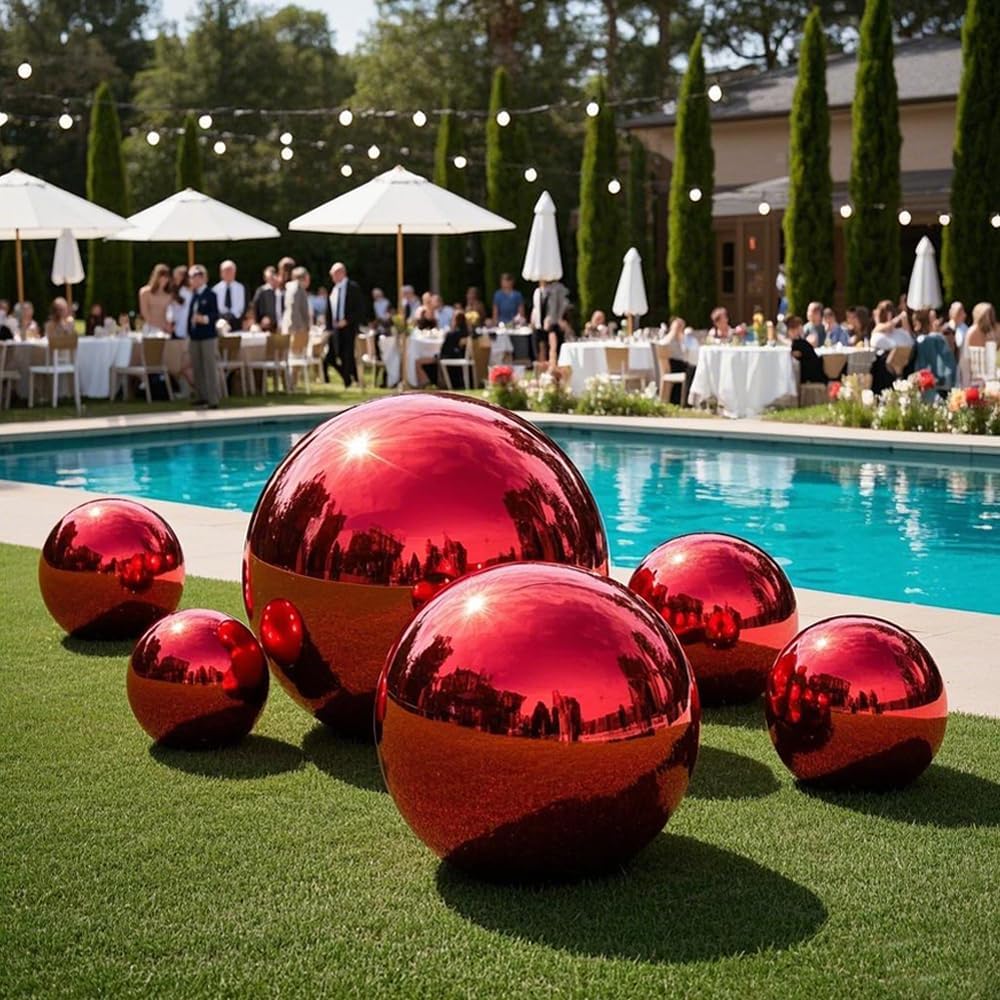 6 PCS Red Mirror Balls Inflatable Beautiful Decorative Spheres for Events & Gardens - Easy Setup & Storage