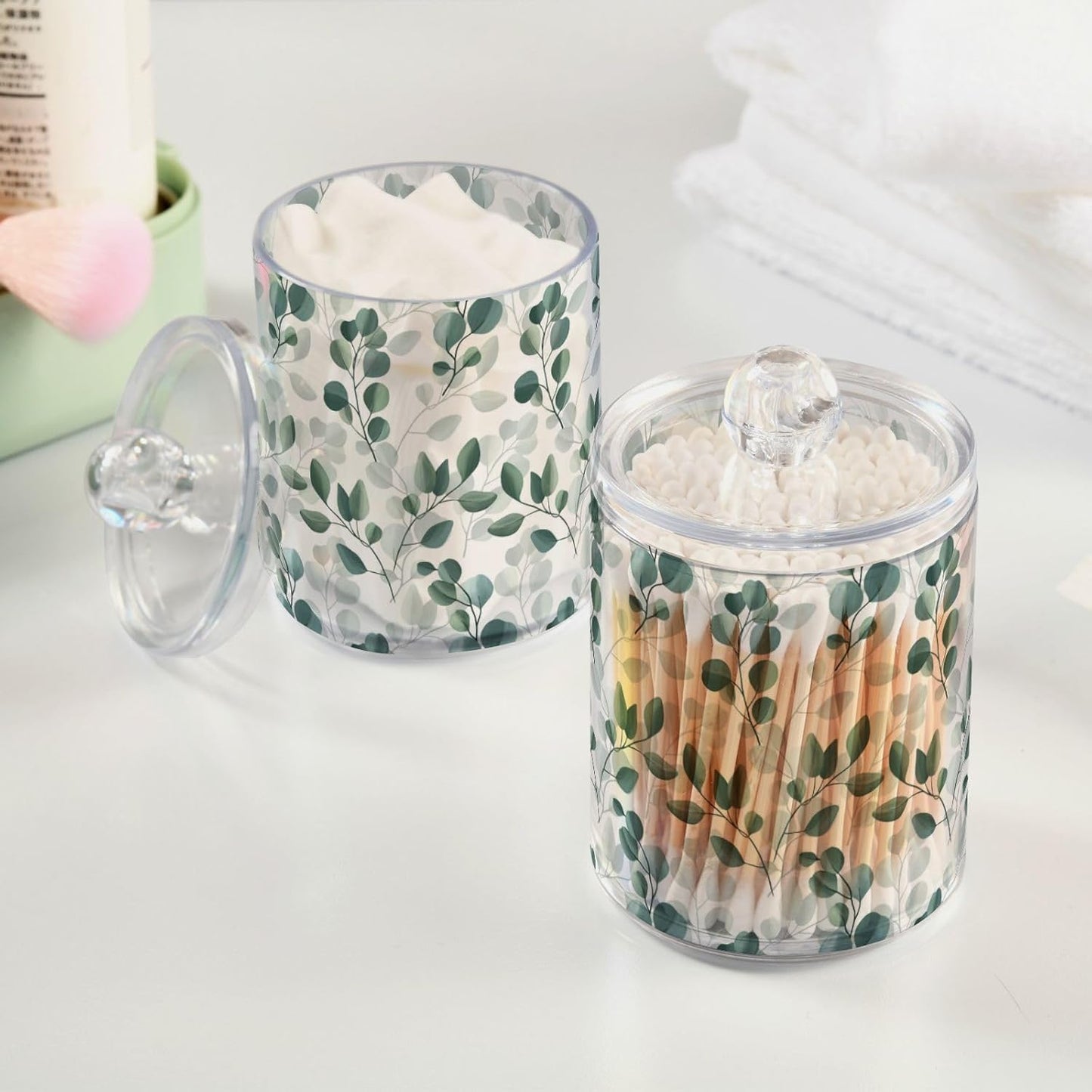 Qtip Holder Dispenser 2 Pack Green Watercolor Floral Leaves Apothecary Jars with Lids Bathroom Vanity Countertop Canister Storage Organizer for Cotton Ball,Swabs,Pads,Floss
