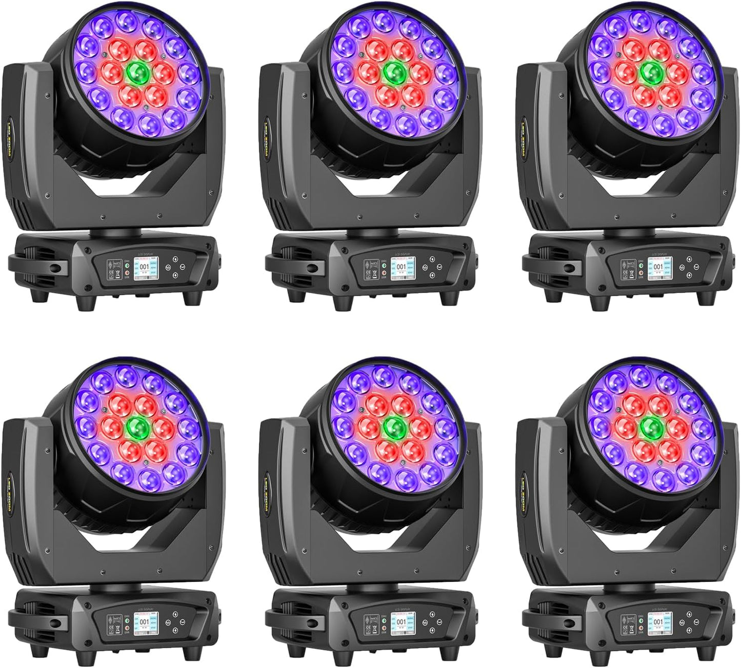 19x10W Moving Head Light Focusing/Beam/Wash/Zoom Effect Stage Lights 4-in-1 LED DMX512 & Sound Activated Control for DJ Disco Nightclub KTV Bar Theater Shopping Mall (6 PCS
