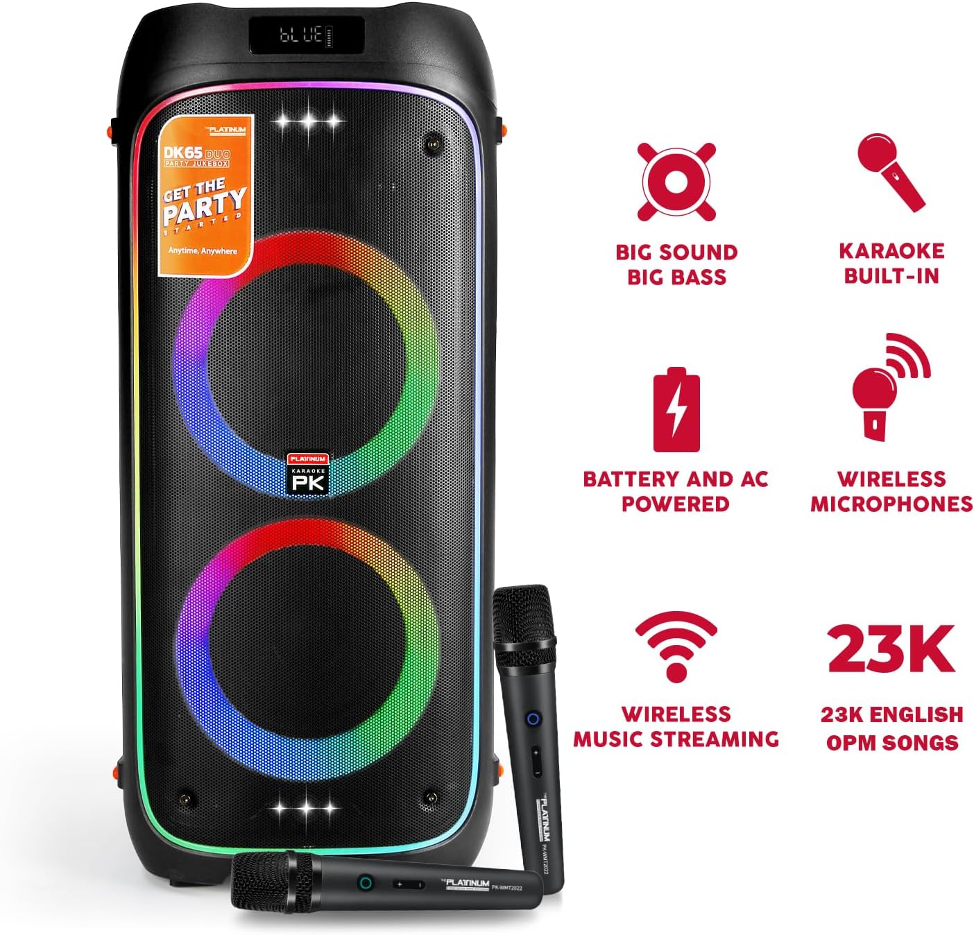 The Platinum DK65 Bluetooth Party Speaker, Karaoke Machine for Adults with 2 Wireless Microphones and Powerful bass & subwoofer, RGB Lights, Features Over 23k Songs for Outdoor & Home