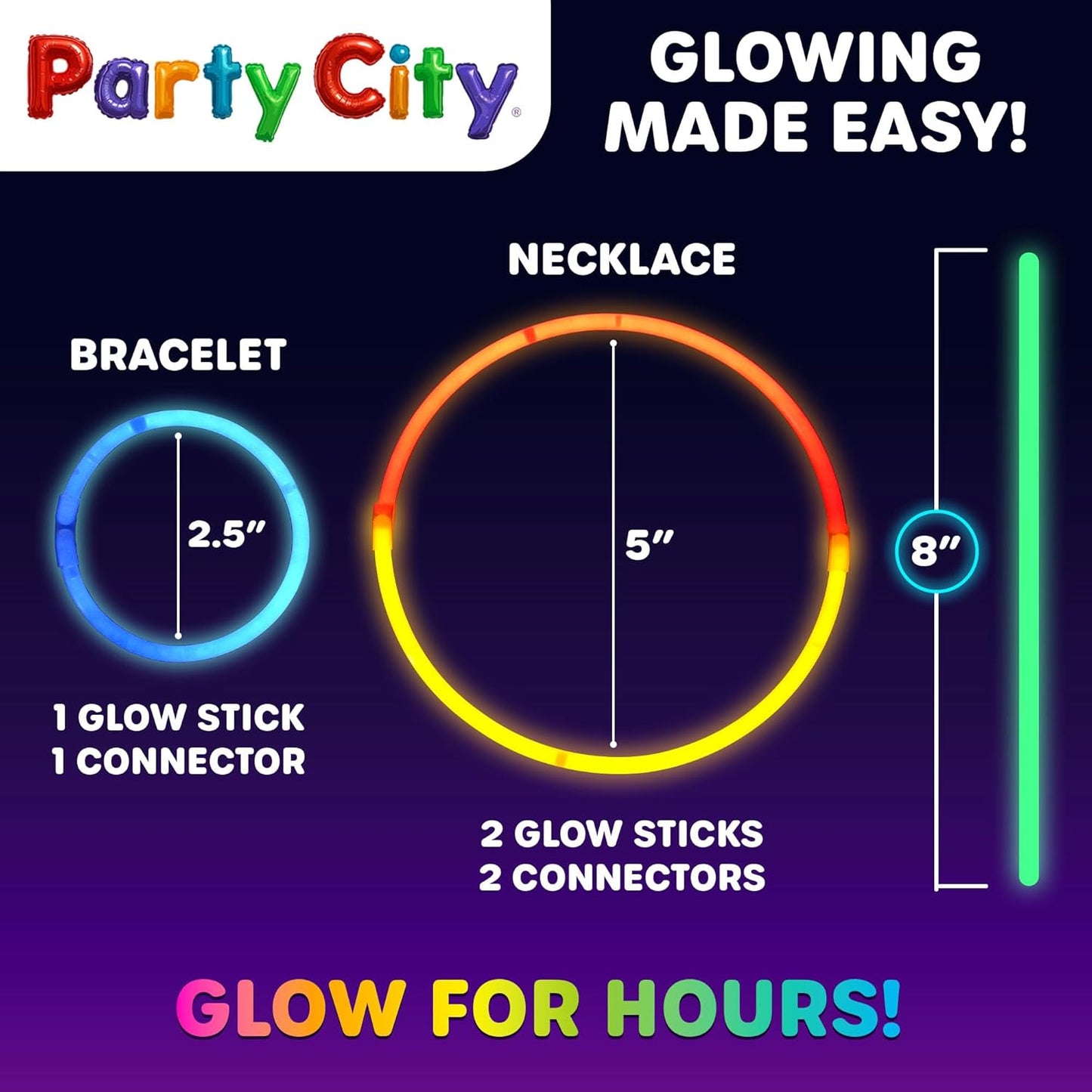 Party City 50 Glow Sticks Bulk Party Pack 8”– Neon Glow in the Dark Party Supplies, Glowsticks with Connectors Bracelets & Necklaces, Light Up Favors for Kids, Adults, Birthdays, Parties, Decorations