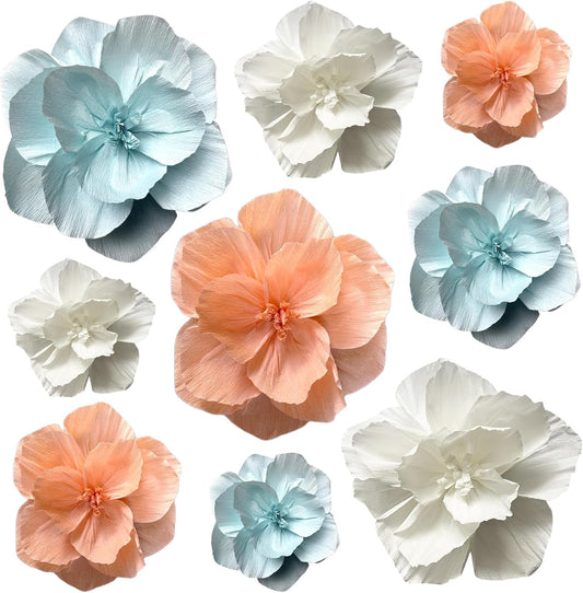 BRT Bearingshui Crepe Paper Flowers Decoration for Wall Total 9 Pcs, Artificial Flowers Backdrop for Wedding Decor Baby Bridal Shower Birthday Party, Mint Coral White 3D Wall Flowers Decor