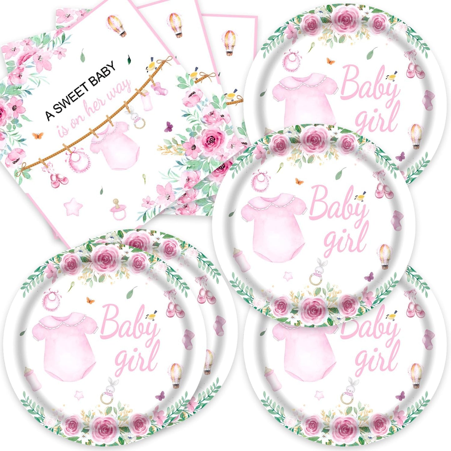 40pcs Pink Floral Baby Shower Decorations Girl Gender Reveal Supplies,Spring Rose Pink Baby Shower Plates and Napkins,Suitable for 20 Guests