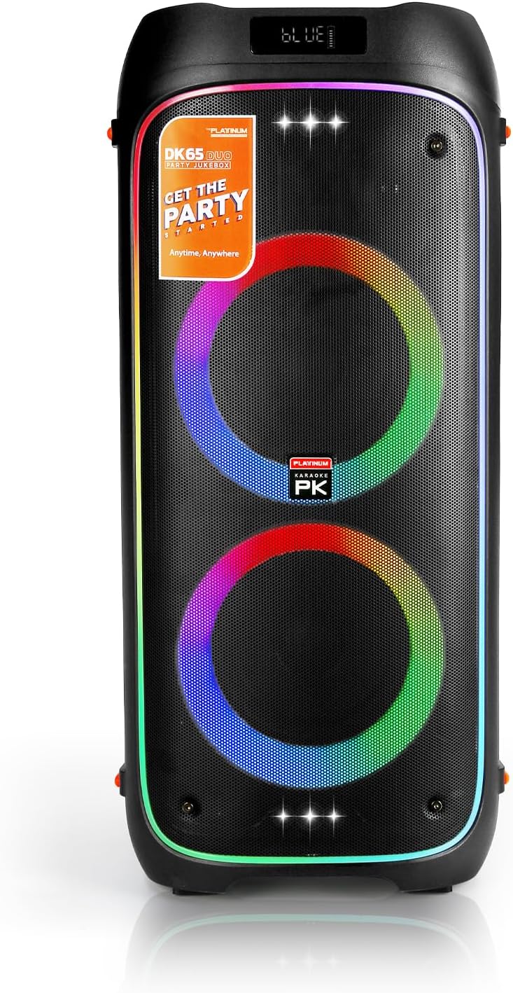 The Platinum DK65 Bluetooth Party Speaker, Karaoke Machine for Adults with 2 Wireless Microphones and Powerful bass & subwoofer, RGB Lights, Features Over 23k Songs for Outdoor & Home