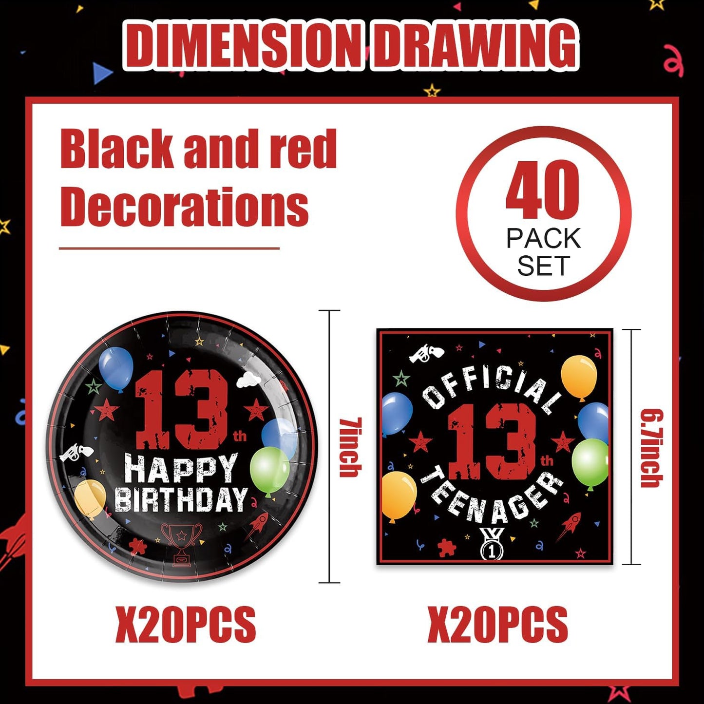 40Pcs 13th Birthday Decorations Officially a Teenager Party Decorations for Boys 13th Birthday Plates and Napkins, Suitable for 20 Guests