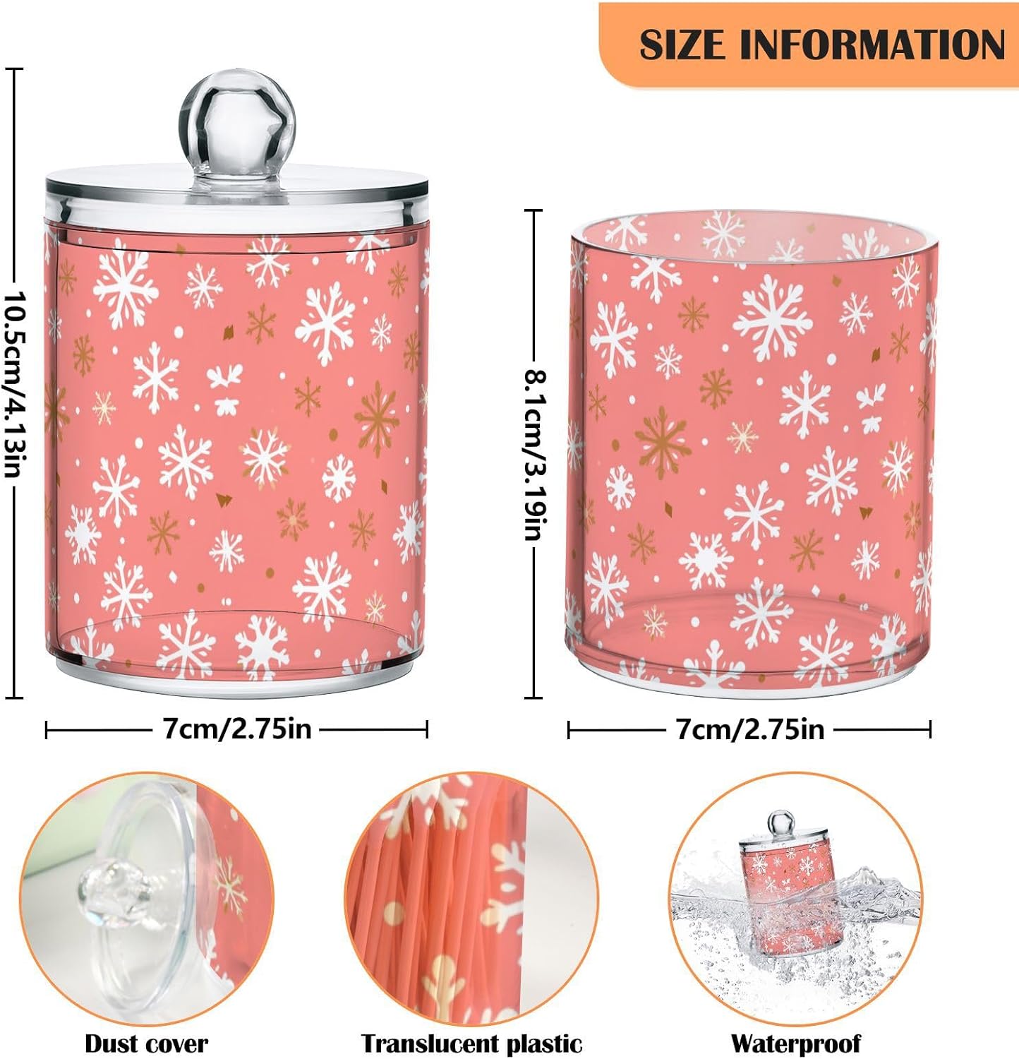 Gredecor 2 Pack Qtip Holder Clear Christmas Golden Pink Snowflakes Apothecary Jars with Lids Acrylic Christmas Winter Bathroom Jars Vanity Canister Storage Organizer for Cotton Ball,Swabs,Pads,Floss