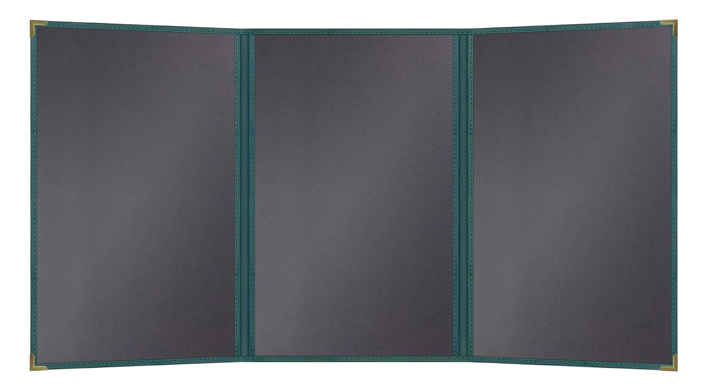 Goodsmart Pajco Style Restaurant Menu Covers – Pack of 10, Side-Load Fold-Out Menu Holders, Single Stitched Edge Clear Vinyl Menu Sleeves, Leatherette Trim Gold Corners, Green, 3 View (8.5" x 14")