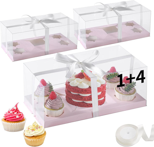 JCD 3Pcs Pink 1+4 Bento Box with Clear Window Bento Cake Boxes Combo Fit 4 Cupcake and 1 Mini Cake for Valentine Wedding Birthday Party Bakery Supplies(Pink 1+4/3Pcs)