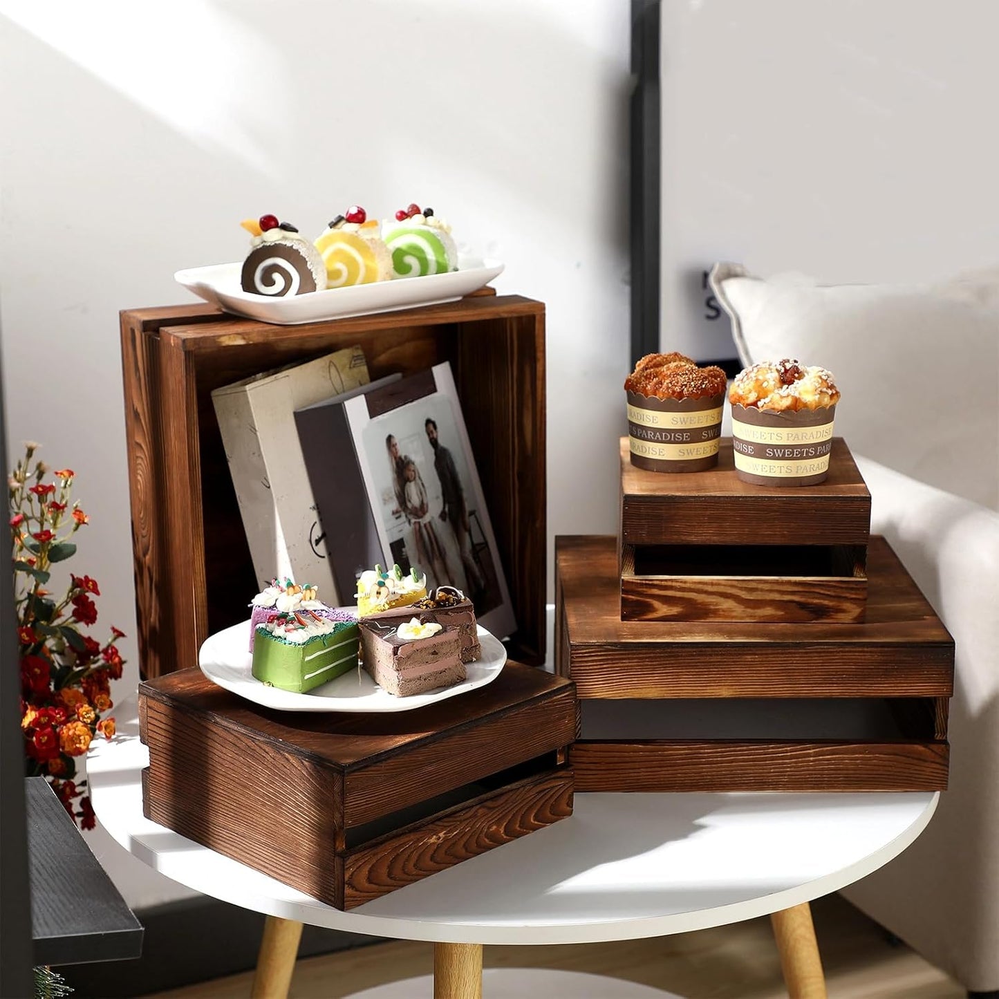 Sieral 4 Pieces Wood Cupcake Display Stand Decorative Dessert Appetizer Cake Stand Risers Wooden Crate Rustic Cake Risers for Storage for Party Christmas Halloween Wedding Decor(Burnt Wood)