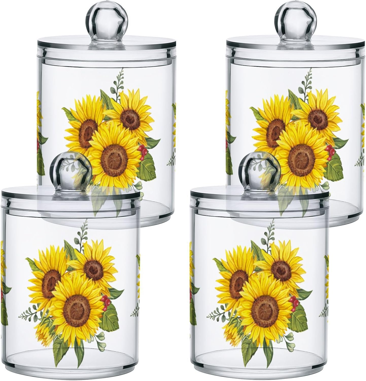Gredecor Qtip Holder Dispenser 4 Pack Yellow Watercolor Sunflowers Apothecary Jars with Lids Bathroom Vanity Countertop Canister Storage Organizer for Cotton Ball,Swabs,Pads,Floss