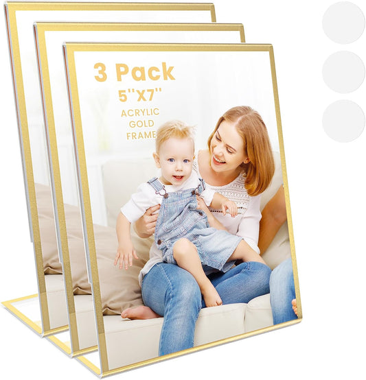 Acrylic Gold Frames 5 x7, Slanted Back Gold Picture Frames Table Acrylic Sign Holder for Photos Wedding Table Numbers and Art Display with Removable Clear Sticky Dots,3 Pack