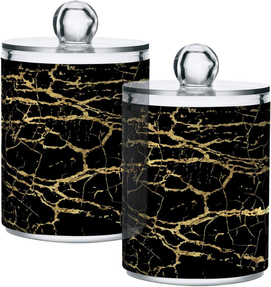 Qtip Holder Dispenser 2 Pack Gold Black Marbling Bathroom Decorative Storage Canister Holder Counter Vanity Organizer for Cotton Ball Swabs Pads Floss