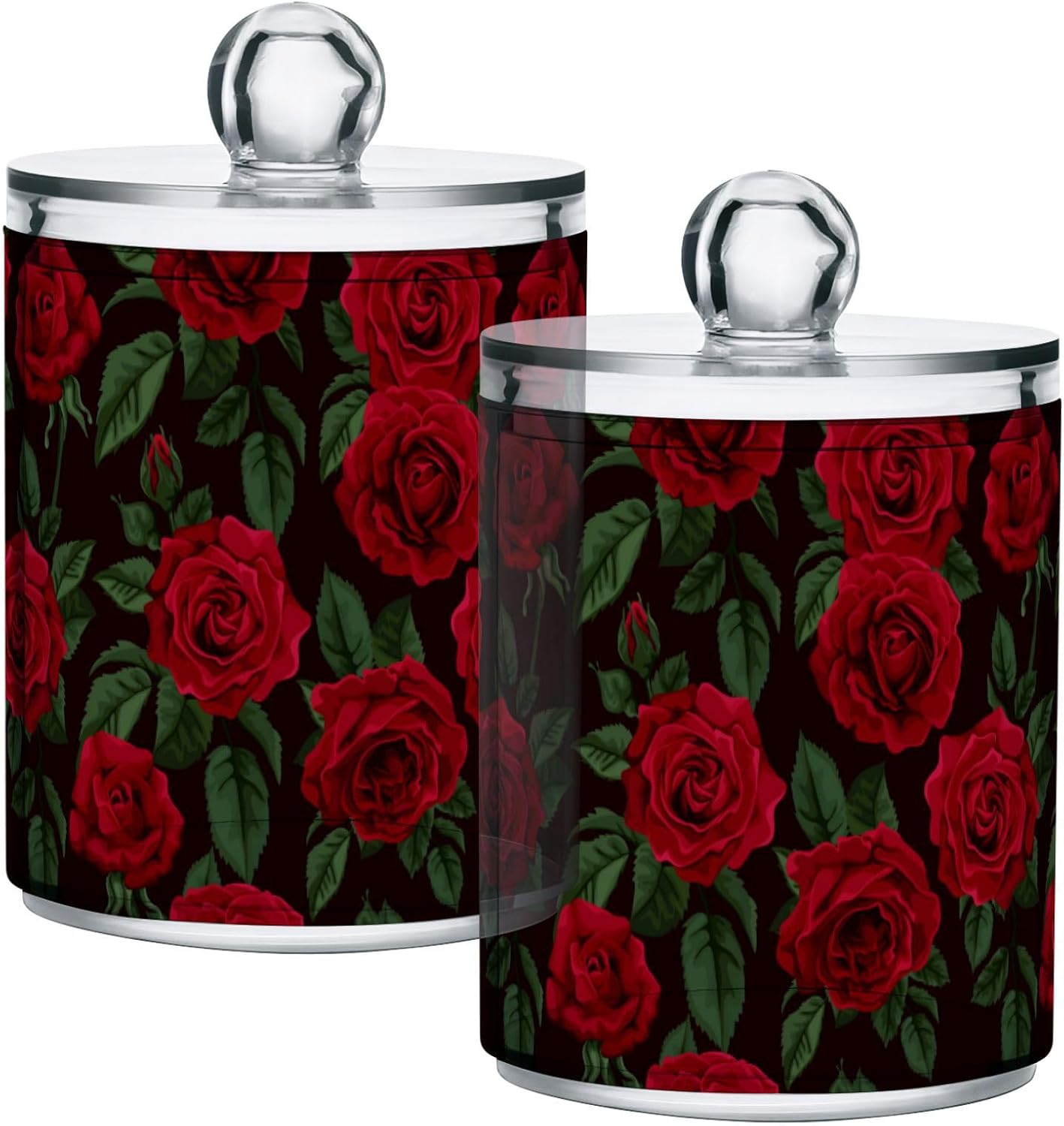 Gredecor Qtip Holder Dispenser 2 Pack Red Rose Flowers Leaves Bathroom Decorative Storage Canister Holder Counter Vanity Organizer for Cotton Ball Swabs Pads Floss