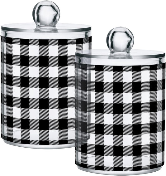 Gredecor Qtip Holder Dispenser 2 Pack Black White Classic Buffalo Plaid Bathroom Decorative Storage Canister Holder Counter Vanity Organizer for Cotton Ball Swabs Pads Floss