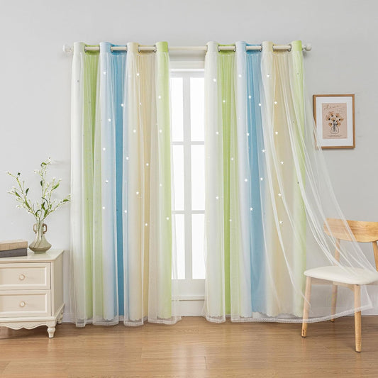 FANLI Ombre Rainbow Blackout Curtains for Kid Girls Bedroom Living Room Darking Stripe Double Layer Star Cut Out Wall Home Decor Gradient Grommet Window Curtains （Blue Green 52Wx63L）