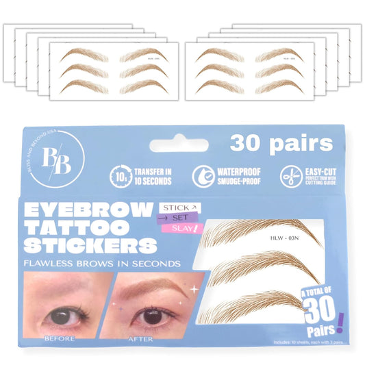 Bliss and Beyond USA Eyebrow Tattoo Stickers Waterproof – 30-Pair Deluxe Box | Realistic Hair-Like Temporary Brows for Alopecia, Cancer, and Hair Loss (Light Brown, Natural Hollywood)