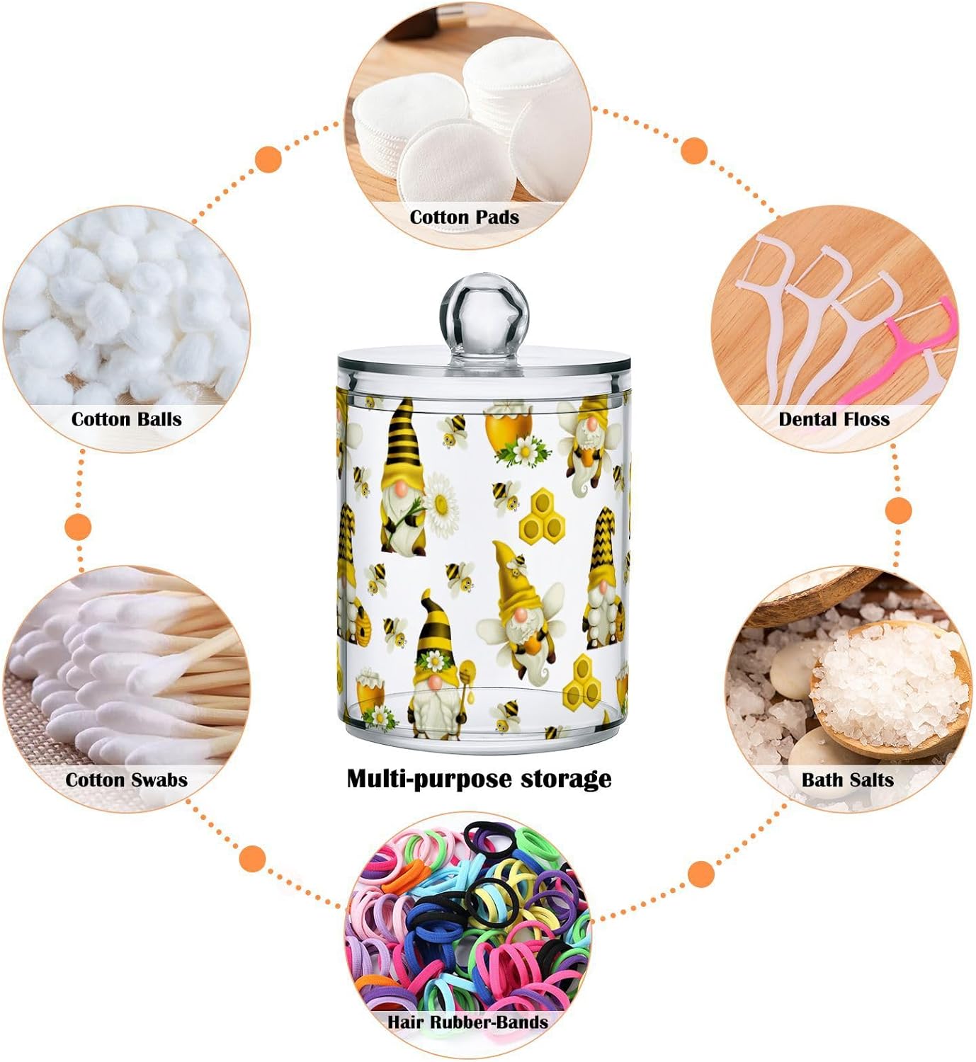 Qtip Holder Dispenser 4 Pack Gnome Bees Flying Dwarf Daisy Apothecary Jars with Lids Bathroom Vanity Countertop Canister Storage Organizer for Cotton Ball,Swabs,Pads,Floss