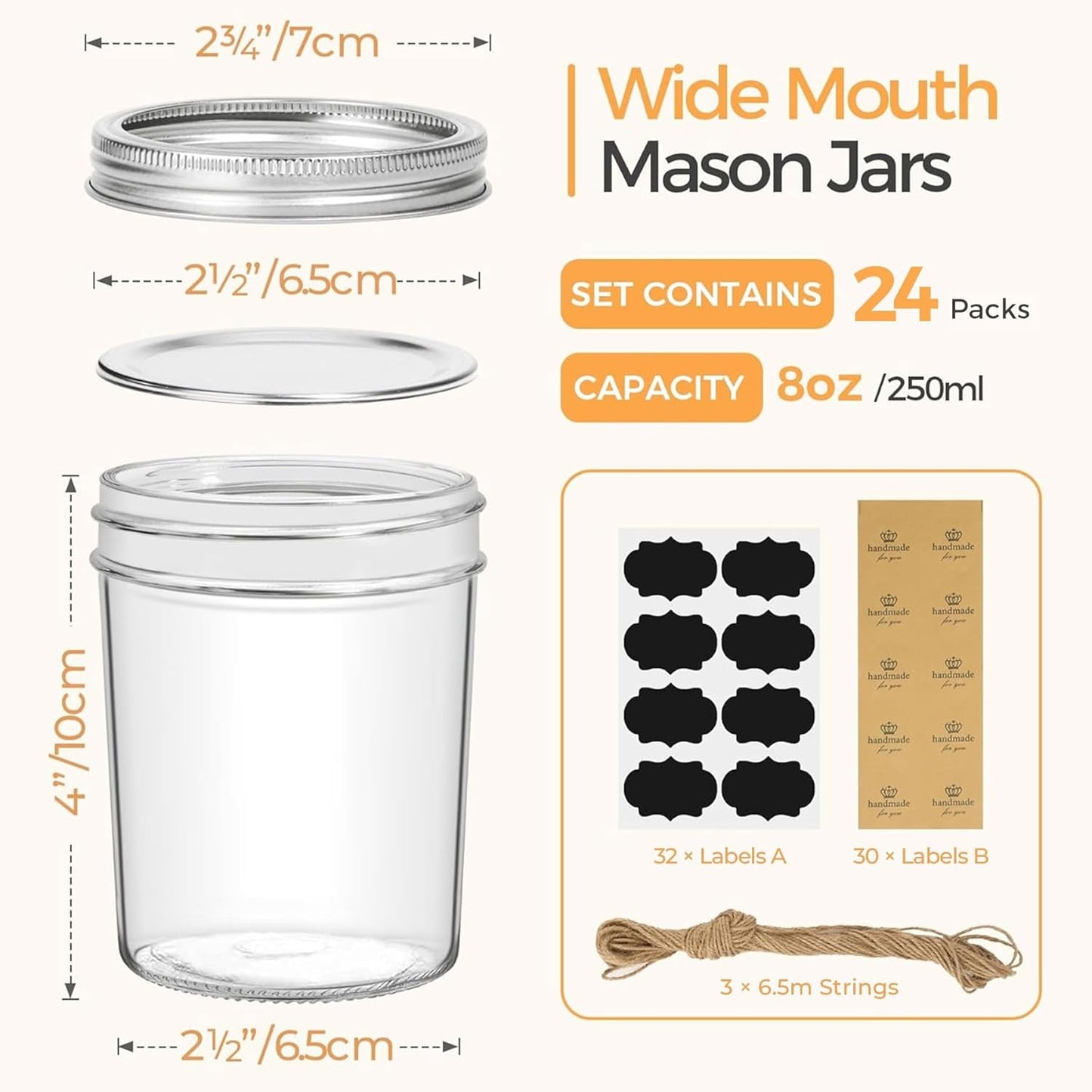 ComSaf Small Mason Jars 8 oz, 24Pcs Regular Mouth Canning Jars, 8 ounce Glass Jar with Lid for Jams, Sauces, Jellies, Spices, Self-Made Gift, DIY Candles Decor, Wedding & Baby Shower Favors