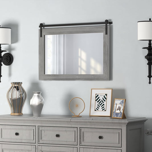 COGOOD Farmhouse Barn Door Mirror - 29" x 22" Rustic Wood Framed Wall Mirror for Bathroom, Living Room, Entryway Wall Decor (Grey)