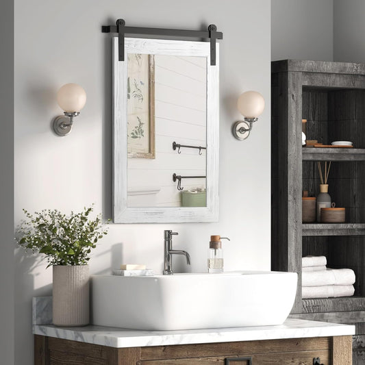 COGOOD Farmhouse Barn Door Mirror - 38" x 25" Rustic Wood Framed Wall Mirror for Bathroom, Living Room, Entryway Wall Decorative (White)