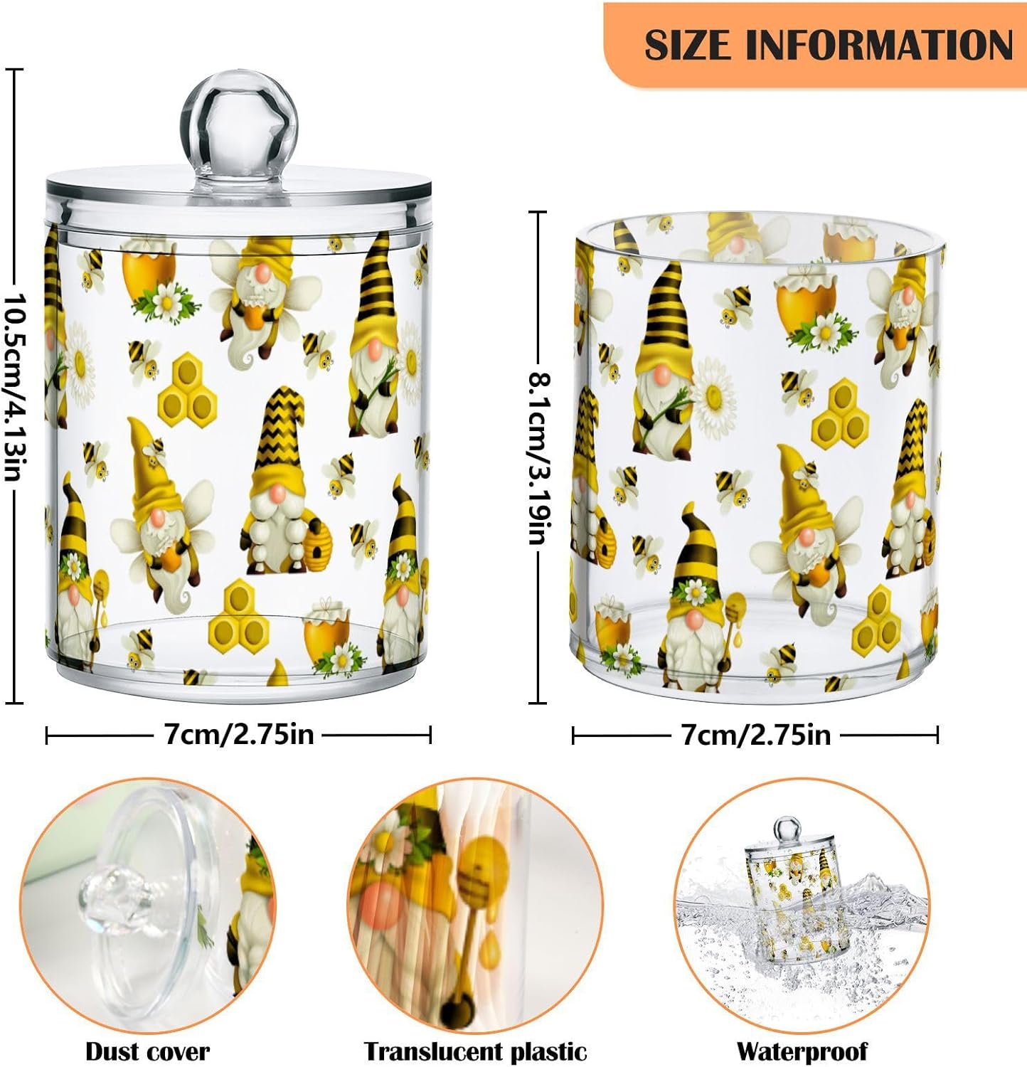 Qtip Holder Dispenser 4 Pack Gnome Bees Flying Dwarf Daisy Apothecary Jars with Lids Bathroom Vanity Countertop Canister Storage Organizer for Cotton Ball,Swabs,Pads,Floss