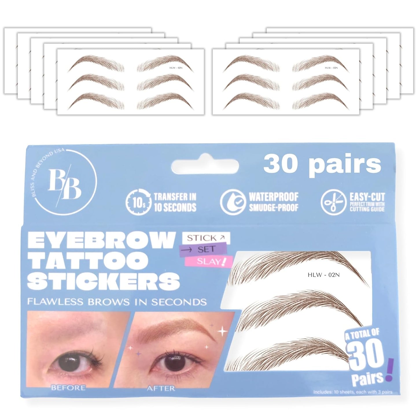 Bliss and Beyond USA Eyebrow Tattoo Stickers Waterproof – 30-Pair Deluxe Box | Realistic Hair-Like Temporary Brows for Alopecia, Cancer, and Hair Loss (Brown, Natural Hollywood)