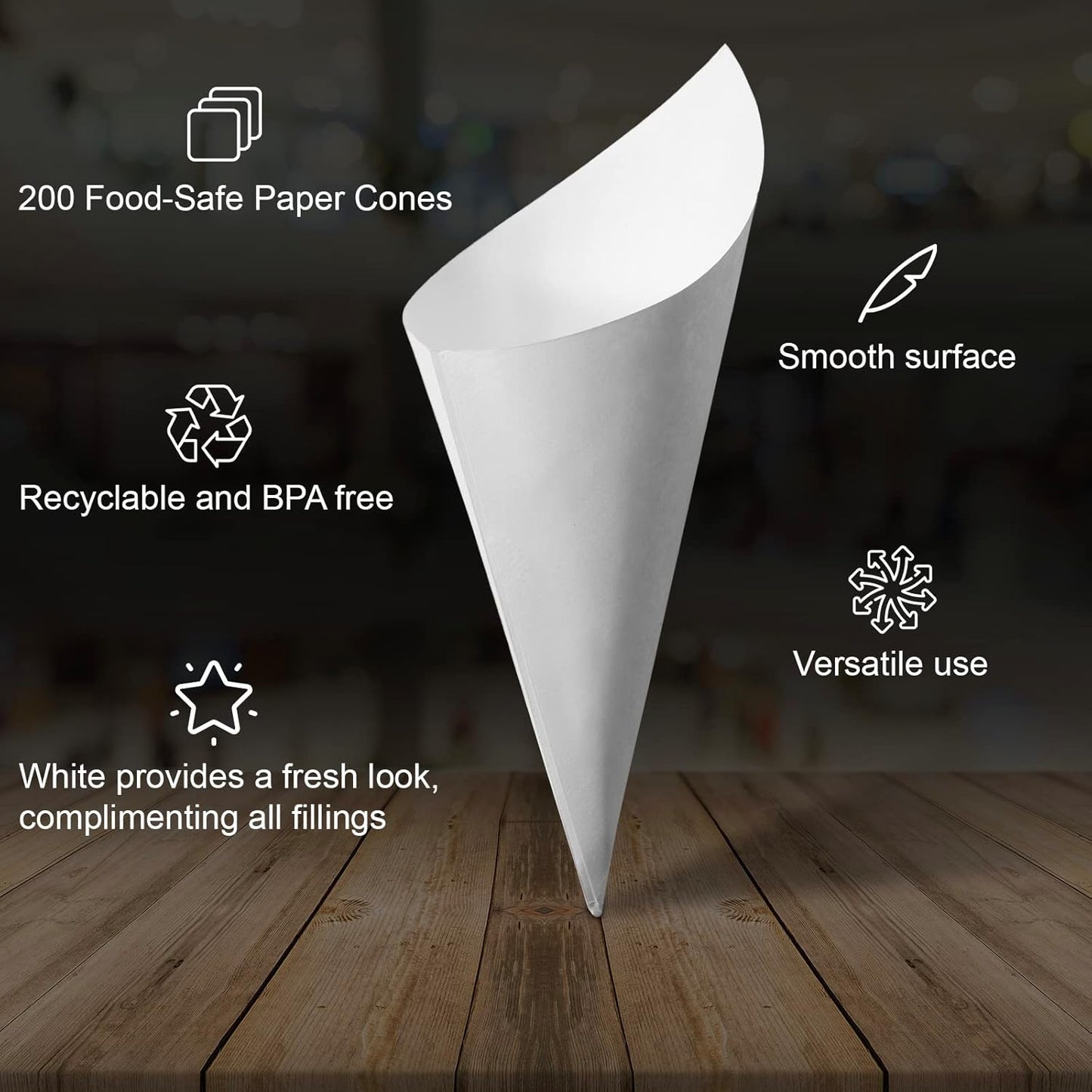 MONTX® 200-Pack Disposable Food Cones | 7" or 6" | White Food-Safe Paper Charcuterie Cones for Appetizers, Popcorn, Snacks, Confetti | Eco-Friendly Alternative to Wood Cones (6 Inch)
