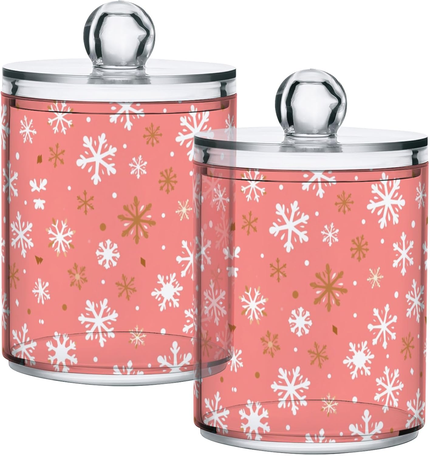 Gredecor 2 Pack Qtip Holder Clear Christmas Golden Pink Snowflakes Apothecary Jars with Lids Acrylic Christmas Winter Bathroom Jars Vanity Canister Storage Organizer for Cotton Ball,Swabs,Pads,Floss
