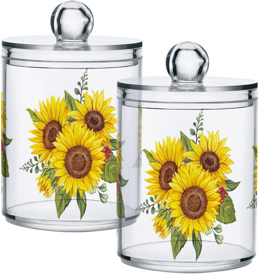 Gredecor Qtip Holder Dispenser 2 Pack Yellow Watercolor Sunflowers Bathroom Decorative Storage Canister Holder Counter Vanity Organizer for Cotton Ball Swabs Pads Floss